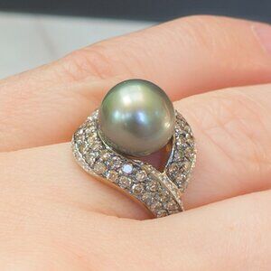 14k Yellow Gold Tahitian Pearl & Champagne Diamond Pavé Bypass Ring — 10mm, sz 6